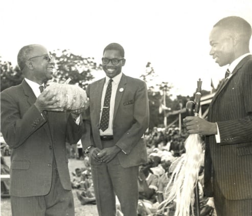 Kamuzu Banda Dr Banda, with Gwanda Chakuamba and Aleke Banda admiring crop