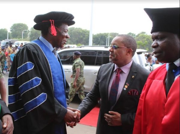 Vice President Dr.Saulos Chilima is met by the Minister of Education Dr.Emmanuel Fabiano and the Chairman of Council of Lilongwe University of Agriculture and natural resources Prof.James Seyani (C)Stanley Makuti