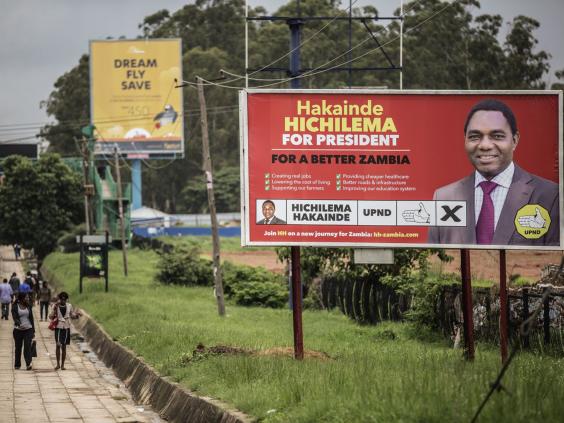 A giant billboard for Zambian opposition party United Party for National Development presidential candidate Hakainde Hichilema
