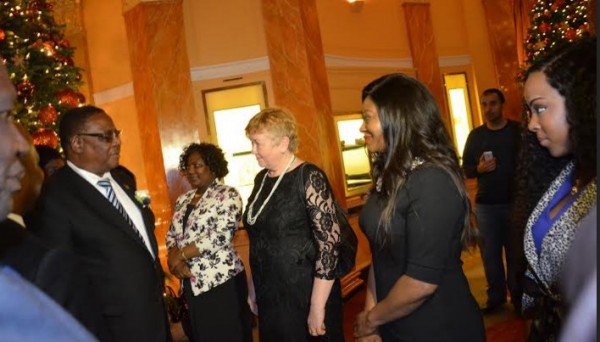 President Mutharika being welcomed in London. In the poto Jane Hampton the patron of Malawi Association UK, Hanna Chasowa of Malawi Association UK and former Miss Malawi UK Alexina Phiri 
