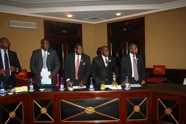Atupele Muluzi of UDF, right, and Leader of DPP in Parliament George Chaponda, in stripped necktie, were also there