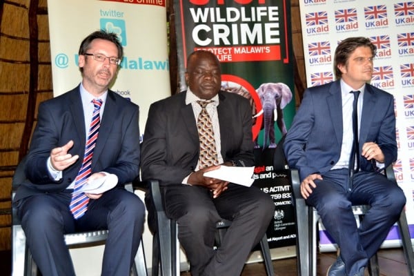 British High Commissioner, Michael Nevin (L) addresses the press on Challenge Fund (c)DNPW, Deputy Director, Chiza Manda and LWT Director, Jonathan Vaunghan at Lilongwe Wild Life Trust-(c) Abel Ikilon