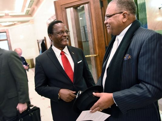 Chakwera arrives at the Senate chamber accompanied bu Bishop Crudup- (Photo: Joe Ellis/The Clarion-Ledger)