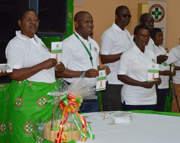 Chairperson Mrs Evelyn Itimu and Central medical stores Board of trustees at the launch of HIV &AIDS Workplace Policy for Central Medical Stores in Lilongwe on Saturday (C)Stanley Makuti 