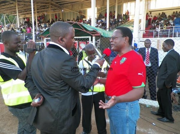  ZBS' Mike Bango interviewing MCP president Lazarous Chakwera during a football live commentary, Pic Leonard Sharra