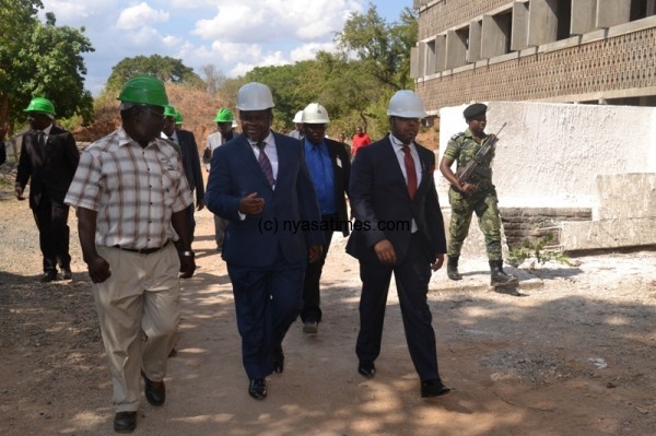Chilima with Minister of Lands, Bright Msaka inspect the project in Lilongwe-Pic. by Abel Ikilon