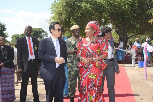 First Lady with Chinese Ambassador who handed over boreholes to two communities in Balaka district.