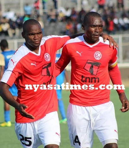 Chiukepo Msowoya (right) celebrating his goal with John Lanjesi...Photo Jeromy Kadewere.
