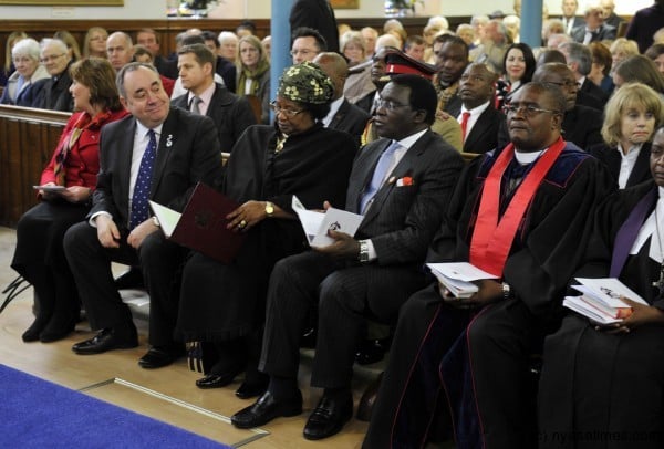 First Minister Alex Salmond and President of Malawi Dr Joyce Banda and officials from both countries during the Memorial Service - Explorer David Livingstone was born in Blantyre on 17th March 1813 - picture by Donald MacLeod -