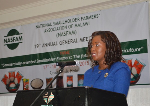 Deputy Chief Excutive Officer for NASFAM Bettry Chinyamunyamu delivers her speech to mark the official opening of NASFAM Annual General Meeting in Lilongwe-pic by Lisa Vintulla