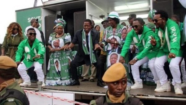 Edgar Lungu (in black suit), leader of the Patriotic Front party during a rally ahead of Thursday's presidential elections