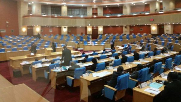 Empty opposition benches after they all walked out of Parliament