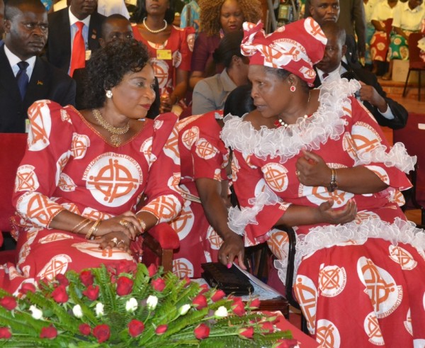First Lady Dr Gertrude Mutharika (left) shares a point with Women's World day of Prayers Chairperson Regina Phanga (right) during the function at HHI in Blantyre.Pic-Francis Mphweya-MANA.