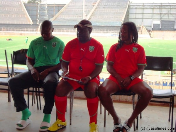 Flames captain Lucky Malata, Coach Ngonamo and Ernest Mtawali during the news Conference....Photo Jeromy Kadewere