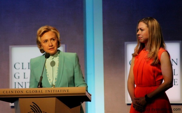 Former US Secretary of State Hillary Clinton &  Vice Chair of Clinton Foundation Chelsea Clinton speaking at the Clinton Global Initiative Save Africa's Elephants event held in  New York Times Square  -pic by Lisa Vintulla