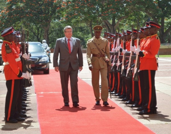 France Ambassador to Malawi Mr Laurent Delahousse inspects guard of honour on arrival at Kamuzu Palace in Lilongwe on Tuesday before presenting letters of credence (C)Stanley Makuti