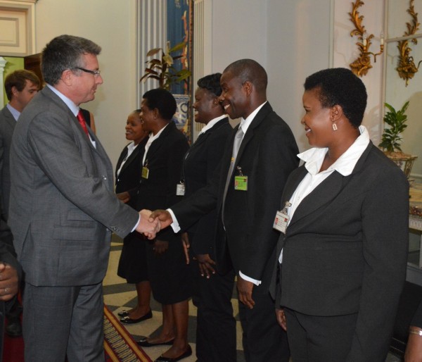 France Ambassador to Malawi Mr Laurent Delahousse is welcomed by Statehouse staff on arrival at Kamuzu Palace in Lilongwe on Tuesday (C)Stanley Makuti