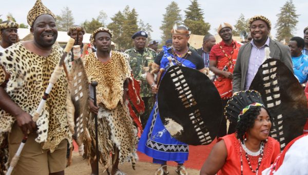 (From left to right) Inkosi Kanduku of Mwanza, Inkosi ya Makosi Gomani V, Vice President Chilima and Inkosi ya Makosi M'mbelwa V take to the floor in Ngoma Dance - Pic. By Kondwani Magombo