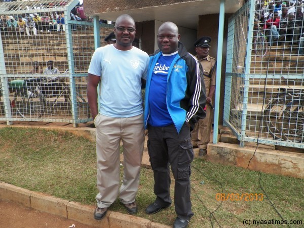  Silver's Mike Tembo (left) with former Ss for Wanderers David Kanyenda andbefore the match.- Photo by Leonard Sharra, Nyasa Times