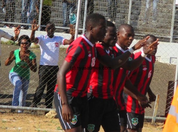 Gaba celebrating his goal with Atusaye and Chavula....Photo Jeromy Kadewere.J