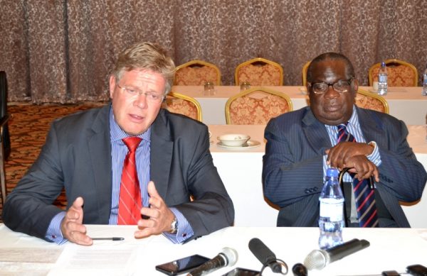 German Ambassador,Dr Peter Woeste with Finance Economic Planning and Development Minister, Dr. Goodal Gondwe, address the press on Second High Level Forum Meeting at BICC in Lilongwe-(c) Abel Ikiloni, Mana