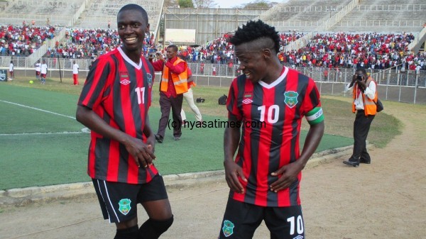 Robin Ngalande and Gabadino Mhango celebrate Malawi goal.-Photo by Jeromy Kadewere, Nyasa Times