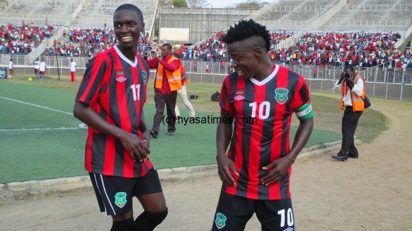 Robin Ngalande and Gabadino Mhango celebrate Malawi goal.-Photo by Jeromy  Kadewere, Nyasa Times