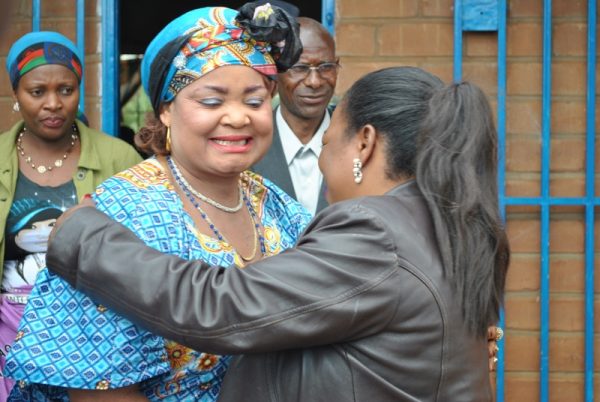 Information Minister Patricia Kaliati and MP for Mzimba  North East Olipa Muyawa embrace each other at Ekwendeni. Pic  by  Chikumbutso Kajani  