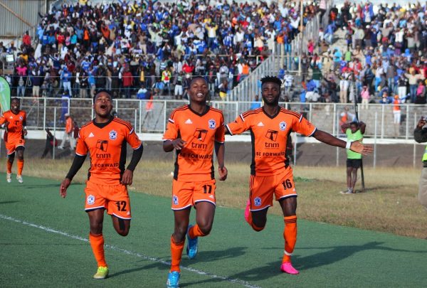 Isaac Kaliat celebrating his goal as Stanely Sanudi and Amos Bello celebrate with him...Photo Jeromy Kadewere