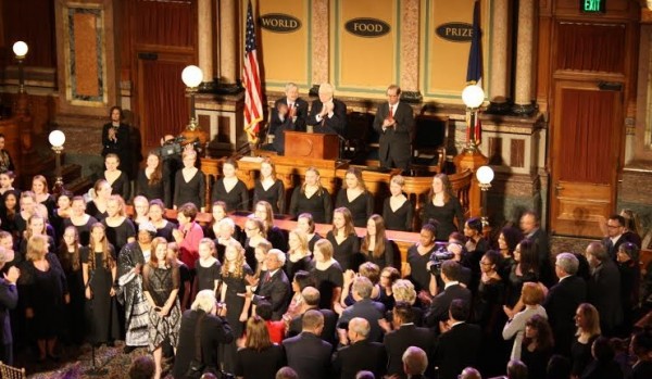 JB receives a standing ovation inside Iowa State Capitol in Des Moines after she presented the 2015 World Food Prize Laureate Aaward to Sir Fazle Hasan Abed of Bangladesh