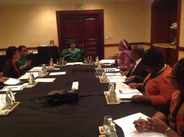 Joyce Banda addressing a meeting in South Africa on Thursday