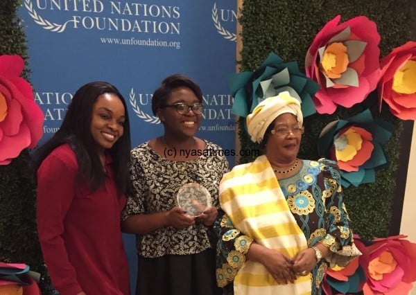 Joyce Banda woth Girl Teen Up advocate after she presented her with the UN Foundation award