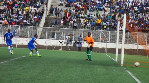 Khumbo Ng'ambi in disbelief that he nealy missed to score..Photo Jeromy Kadewere