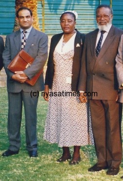 Dassu (lef) with former Namibian President Dr Sam Nujoma who is heading an African Union delegation, which is observing elections in Malawi