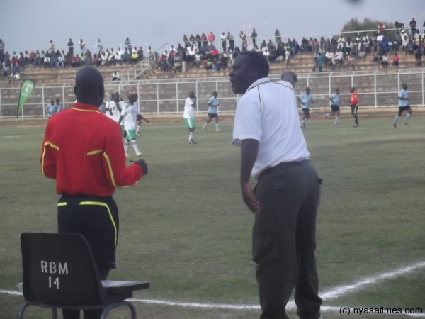 Mafco coach Sterio Gondwe protesting Silvers first goal Photo by Elijah Phimbi, Nyasatimes