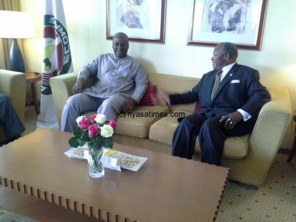 Muluzi with President of Ghana, Mahamba who is also Ecowas chair, discussing Nogeria elections