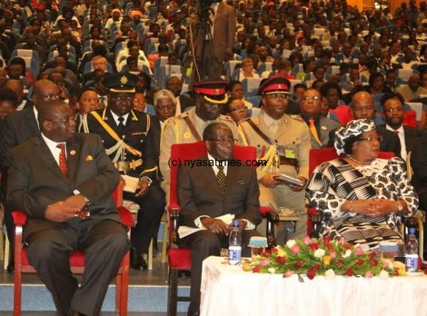 Malawi's Veep Khumbo Kachali, Comrade Robert Mugabe and President Joyce Banda att ... e opening of African Leaders Forum on Disability at BICC-pic by lisa Vintulla