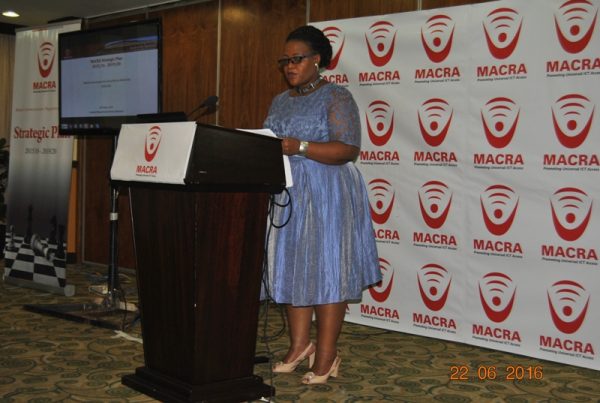 Mervis Mangulenje delivering her speech during the launch of the MACRA's 5 year strategy.Picture by Tikondane Vega-MANA