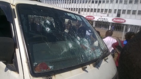 Minibus with bullet holes. This is was carrying two cops, one shot dead another injured