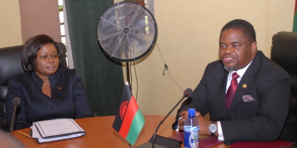 Minister of Energy and Mining Bright Msaka is accompanied by the Principal Secretary  during the press conference on climate change in Lilongwe on Thursday (C) Stanley Makuti