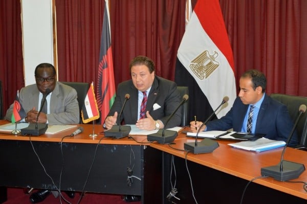 Minister of Finance and Economic planning  Goodall Gondwe , Ambassodor of Egypt to Malawi Maher Adel El-Adawy (C) and his Deputy present during Cheque presentation at the (C) Stanley Makuti
