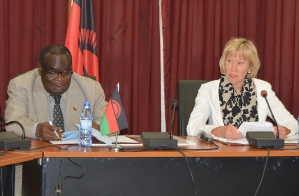 Minister-of-FinanceEconomic-planning-and-DevelopmentGoodall-Gondwe-L-and-the-World-Bank-Country-Manager-Ms.Laura-Kullenberg-during-the-grant-signing-ceremony-at-Capital-Hill-on-Thursday