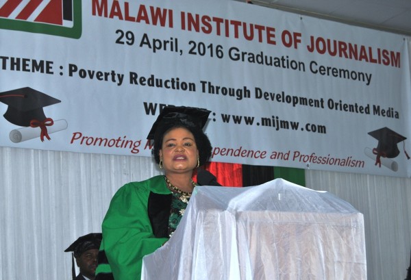 Minister of Information, Communication and Civic Education, Patricia Kaliati addressing the graduates during MIJ graduation ceremony in Blantyre on friday - Pic Mayamiko Wallace - MANA