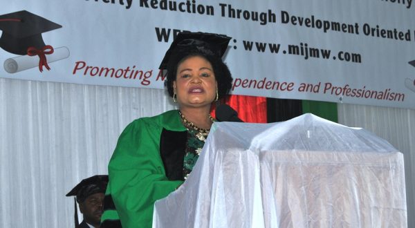 Minister of Information, Communication and Civic Education, Patricia Kaliati addressing the graduates during MIJ graduation ceremony in Blantyre on friday - Pic Mayamiko Wallace - MANA