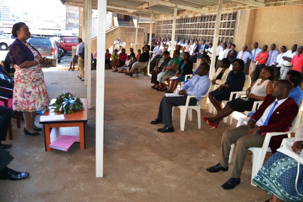 Minister of Information and Civic Education Patricia Kaliati (left) addressing MPTC members of staff during her visit to the institution.Pic-Francis Mphweya-MANA