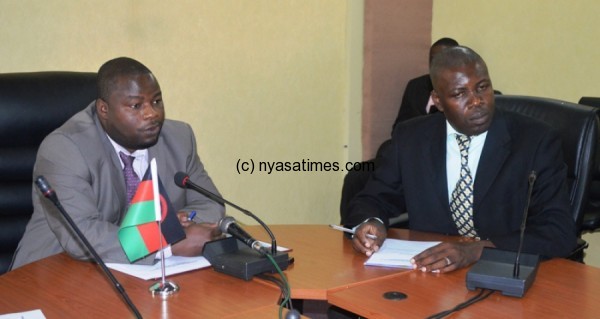 Minister of Information,Tourism and Culture,Hon.Nankhumwa and Deputy Secretary,Mr Kantikana present during the briefing at COI - Pic by Stanley Makuti