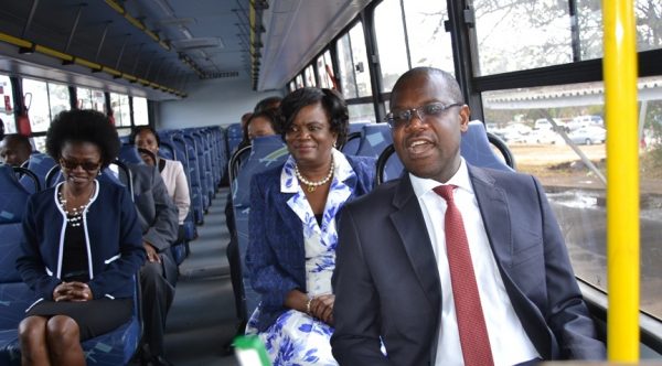 Minister of Justice..Tembenu Sc with Vice Chancellor of MUST (back), Prof. Address Malata enjoy the bus comfortability at Capital Hill-(c) Abel Ikiloni, Mana