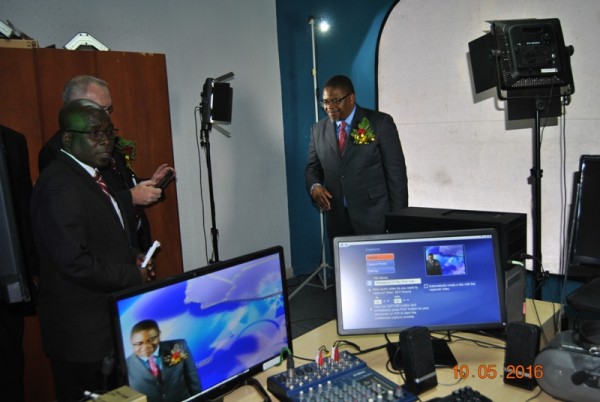 Minister of Natural Resources, Energy and Mining Bright Msaka admiring newly installed studio.Picture by Tikondane Vega-MANA