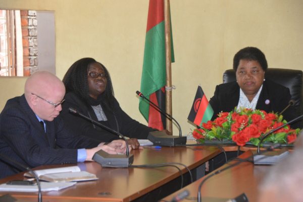 Minister of gender,Children,disability and social welfare Dr.Jean Kalilani(R) briefs the media on International albinism day to be held in Kasungu District(C)Stanley Makuti - mana