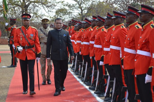 New Indian High Commissioner to Malawi Suresh Kumar Menon inspects guard of honor before presenting letters of credence (C) govati nyirenda
